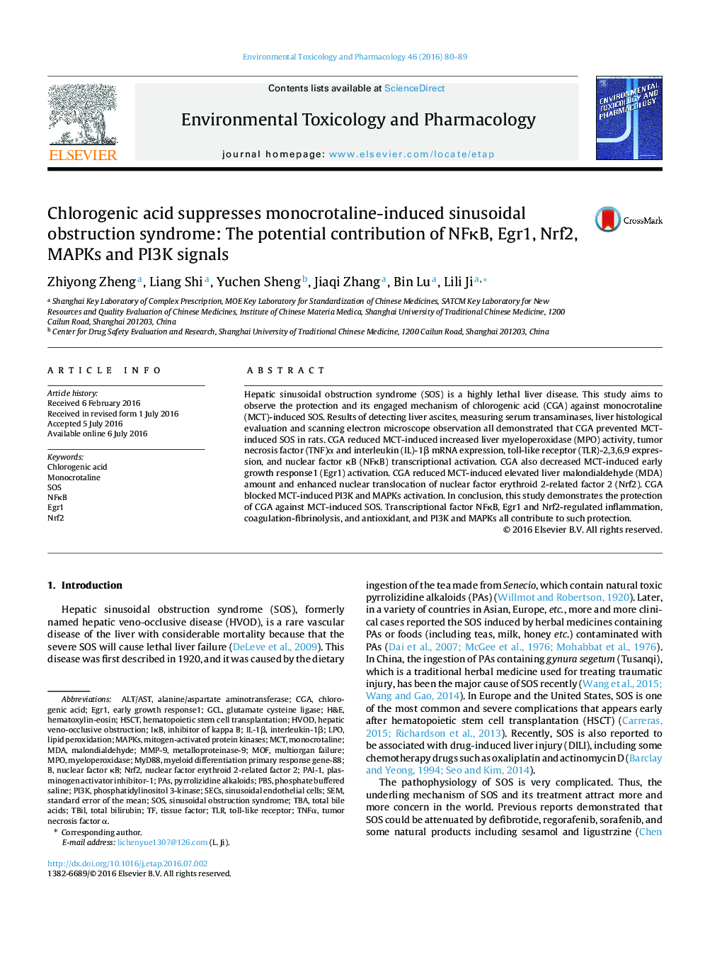 Chlorogenic acid suppresses monocrotaline-induced sinusoidal obstruction syndrome: The potential contribution of NFκB, Egr1, Nrf2, MAPKs and PI3K signals