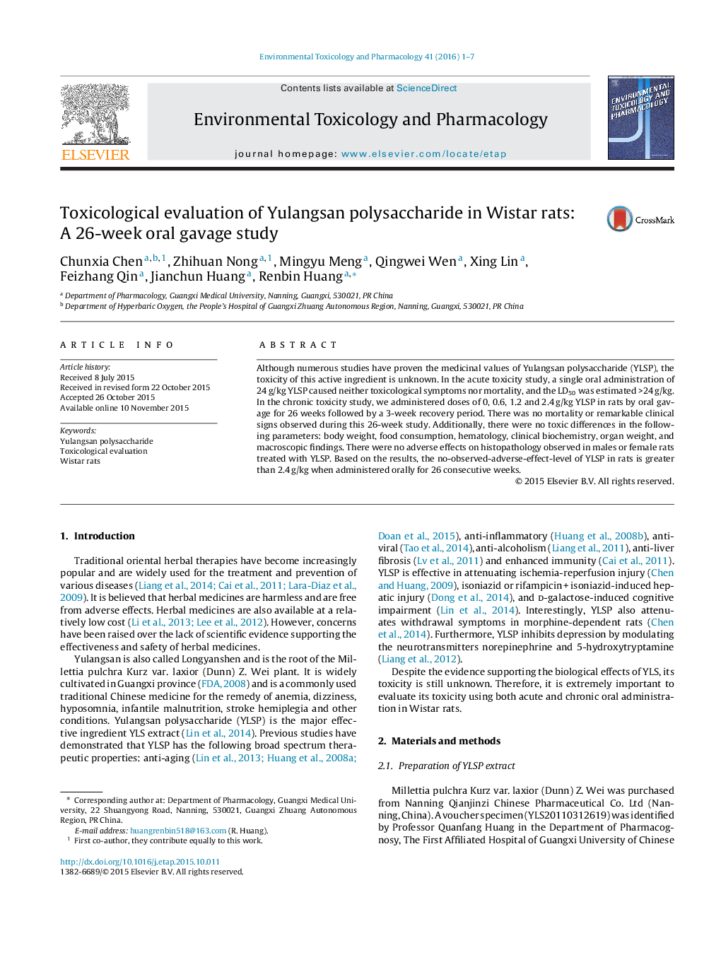 Toxicological evaluation of Yulangsan polysaccharide in Wistar rats: A 26-week oral gavage study