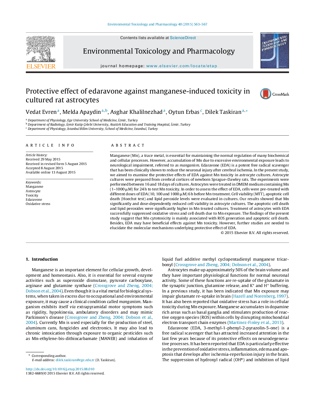 Protective effect of edaravone against manganese-induced toxicity in cultured rat astrocytes