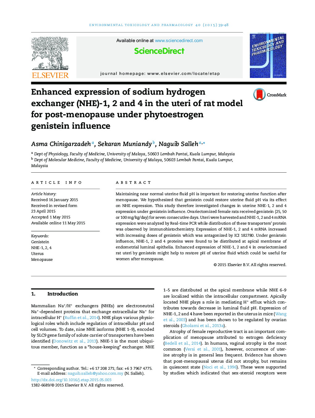 Enhanced expression of sodium hydrogen exchanger (NHE)-1, 2 and 4 in the uteri of rat model for post-menopause under phytoestrogen genistein influence