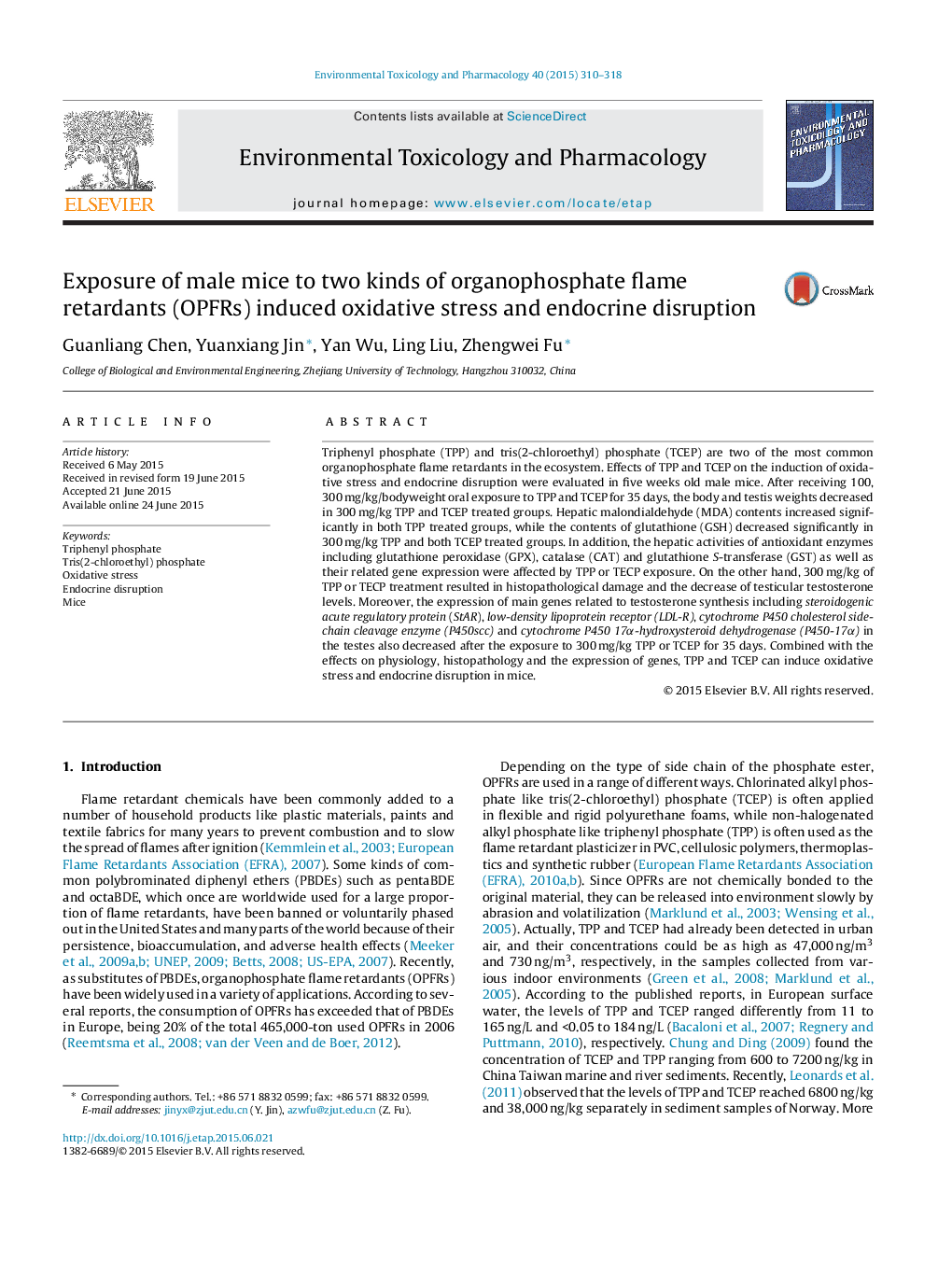 Exposure of male mice to two kinds of organophosphate flame retardants (OPFRs) induced oxidative stress and endocrine disruption