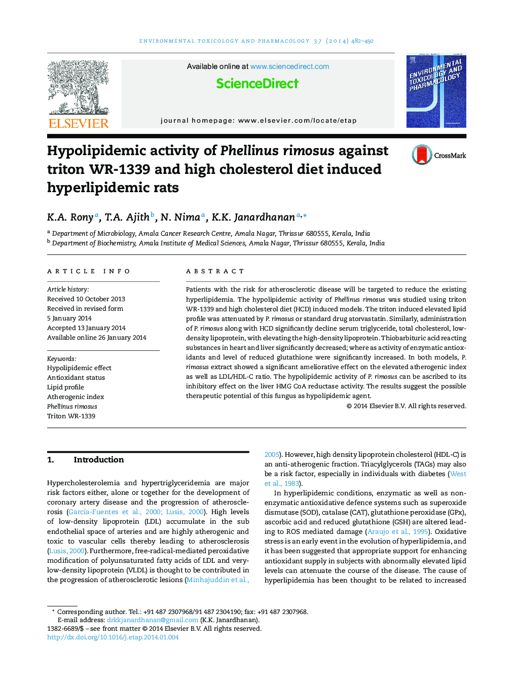 Hypolipidemic activity of Phellinus rimosus against triton WR-1339 and high cholesterol diet induced hyperlipidemic rats