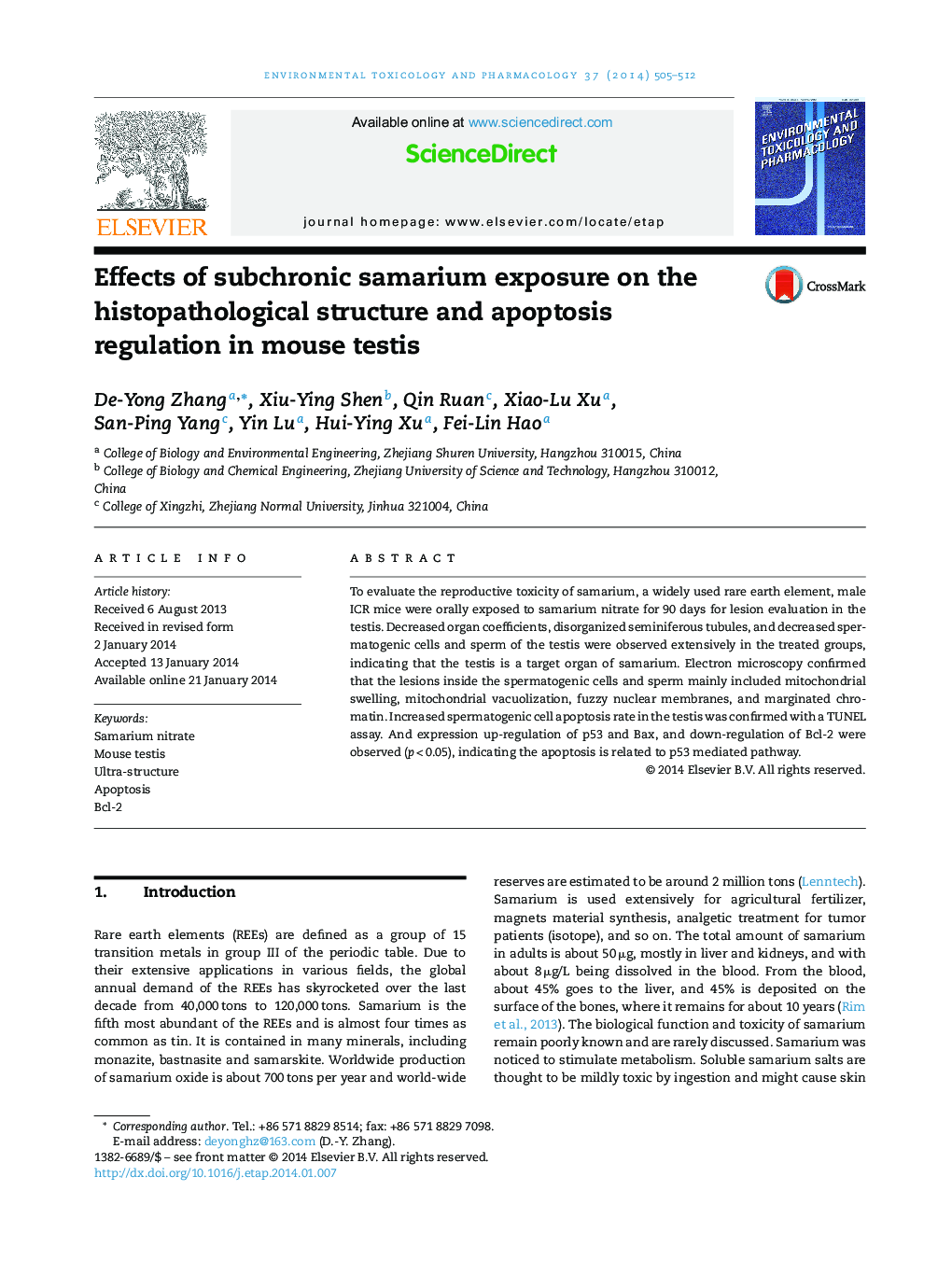 Effects of subchronic samarium exposure on the histopathological structure and apoptosis regulation in mouse testis