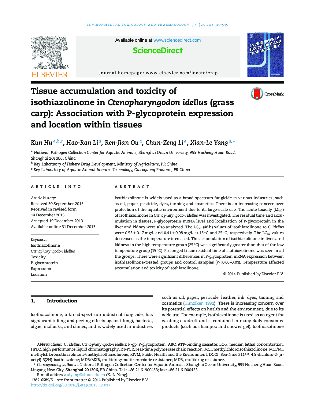 Tissue accumulation and toxicity of isothiazolinone in Ctenopharyngodon idellus (grass carp): Association with P-glycoprotein expression and location within tissues