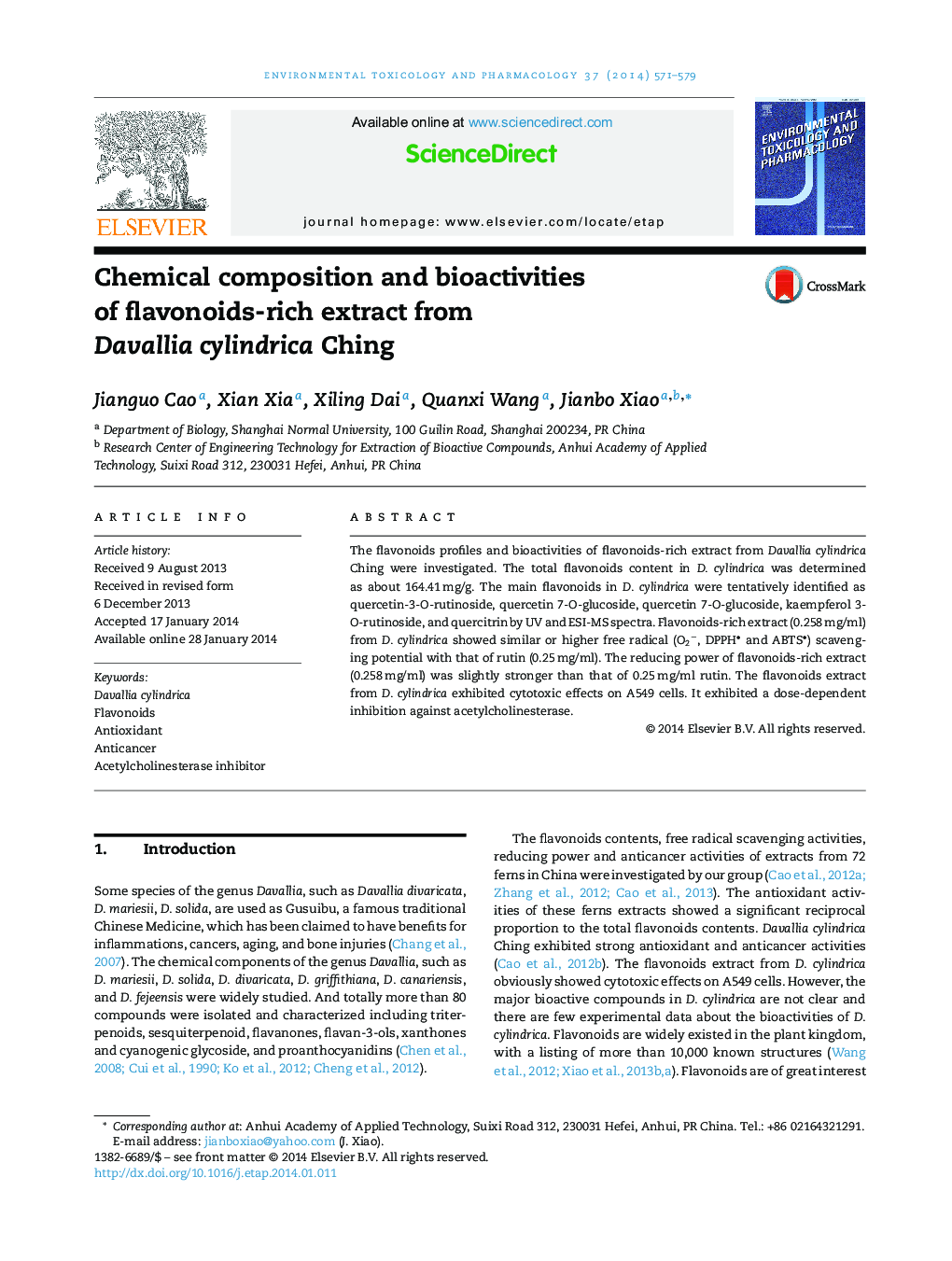 Chemical composition and bioactivities of flavonoids-rich extract from Davallia cylindrica Ching