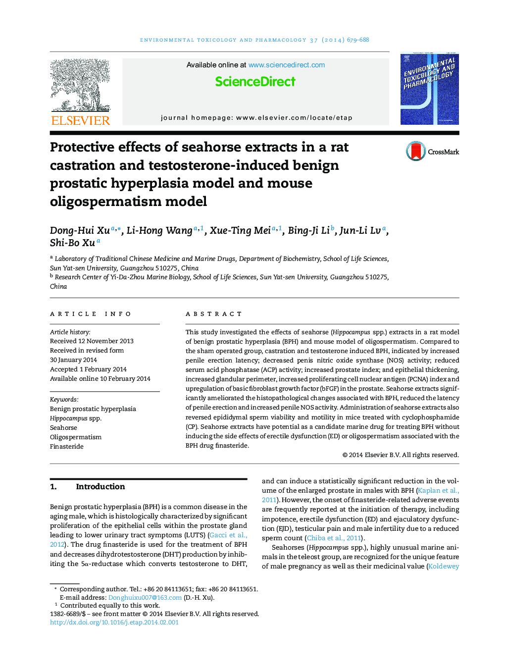 Protective effects of seahorse extracts in a rat castration and testosterone-induced benign prostatic hyperplasia model and mouse oligospermatism model