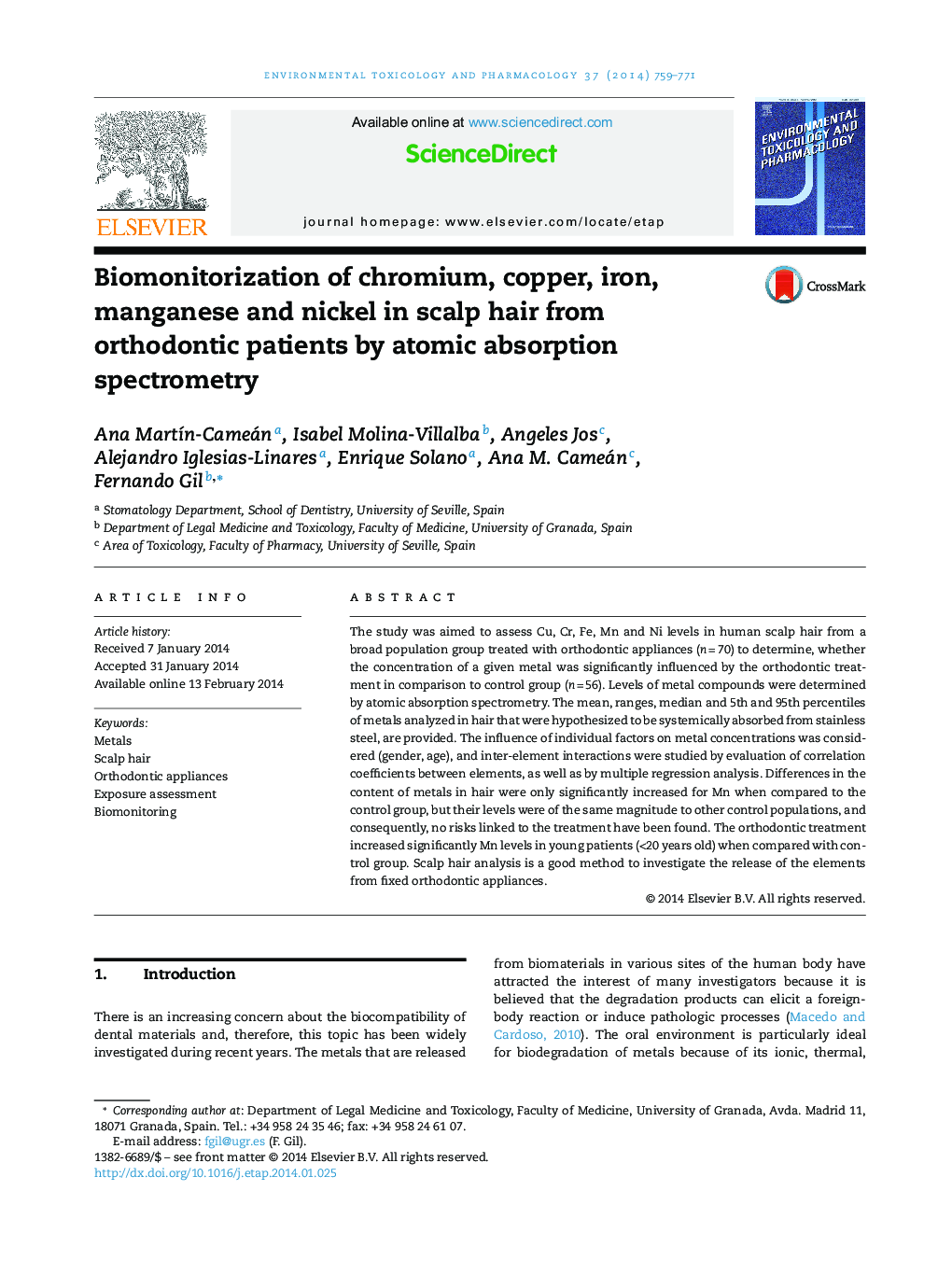 Biomonitorization of chromium, copper, iron, manganese and nickel in scalp hair from orthodontic patients by atomic absorption spectrometry