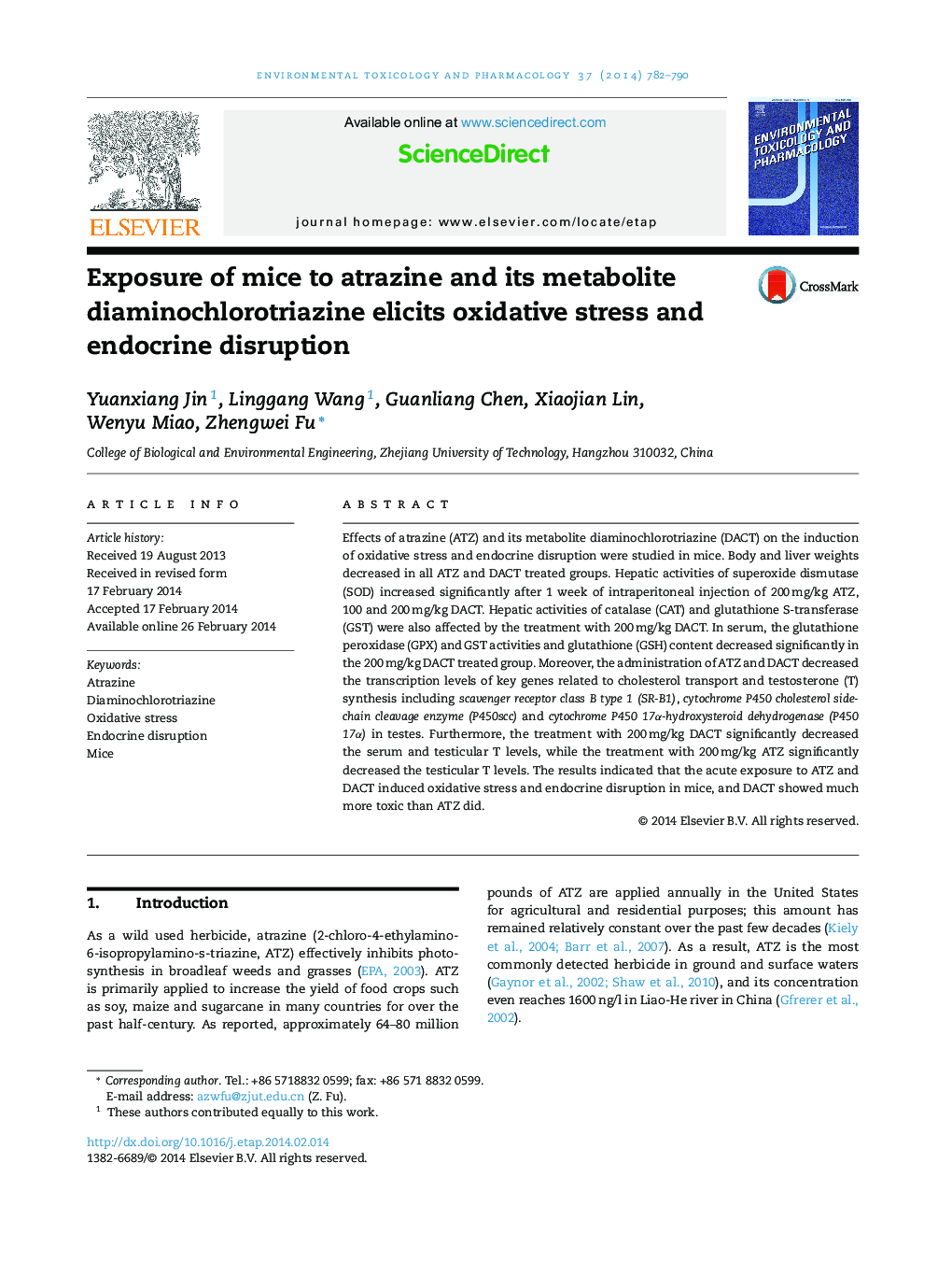 Exposure of mice to atrazine and its metabolite diaminochlorotriazine elicits oxidative stress and endocrine disruption