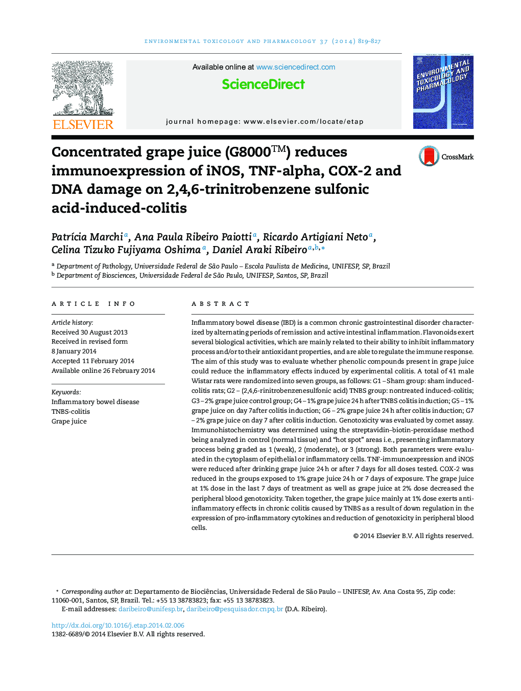 Concentrated grape juice (G8000™) reduces immunoexpression of iNOS, TNF-alpha, COX-2 and DNA damage on 2,4,6-trinitrobenzene sulfonic acid-induced-colitis