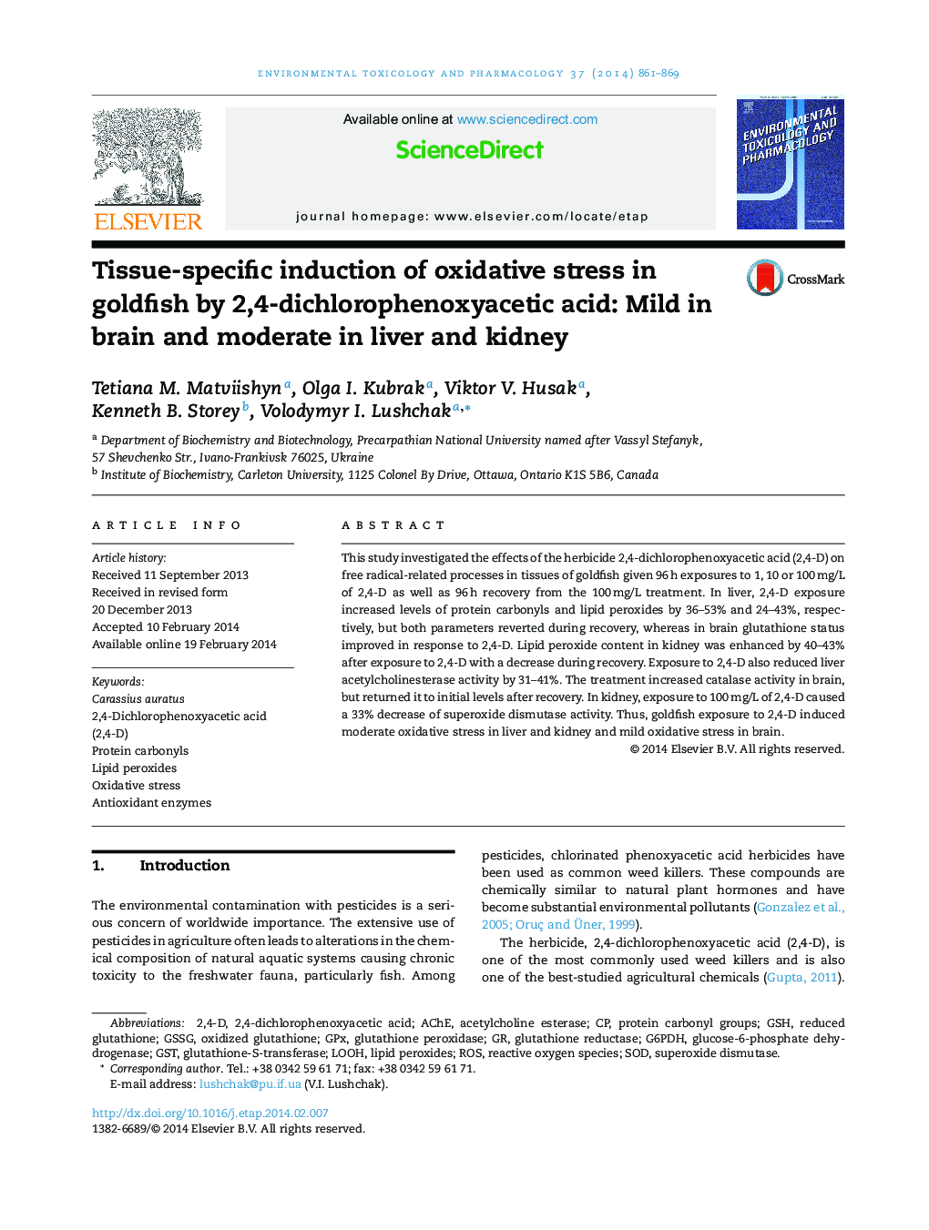 Tissue-specific induction of oxidative stress in goldfish by 2,4-dichlorophenoxyacetic acid: Mild in brain and moderate in liver and kidney