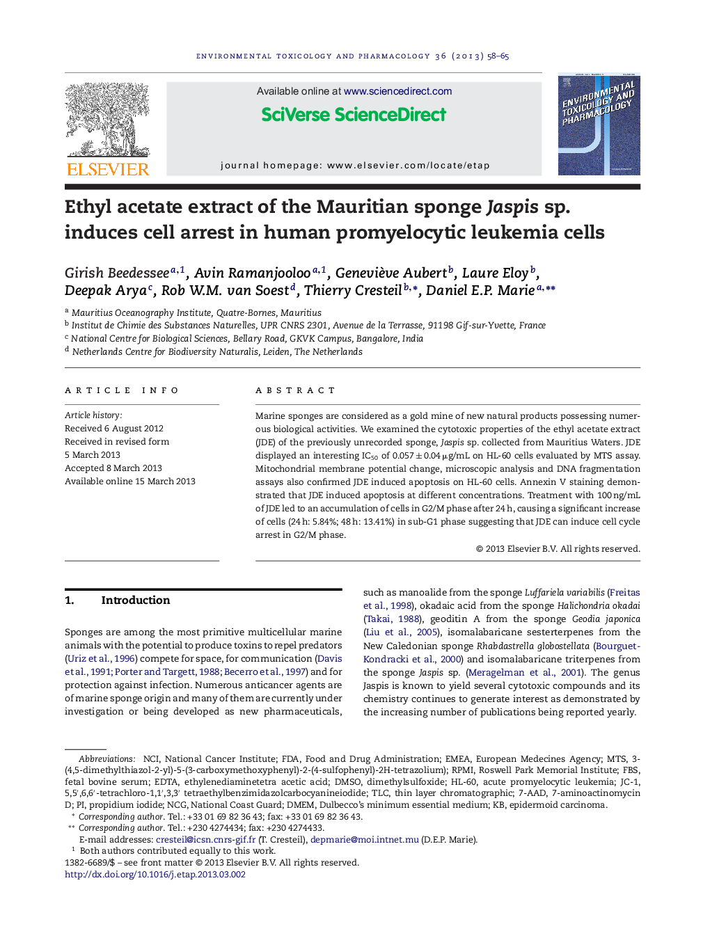 Ethyl acetate extract of the Mauritian sponge Jaspis sp. induces cell arrest in human promyelocytic leukemia cells