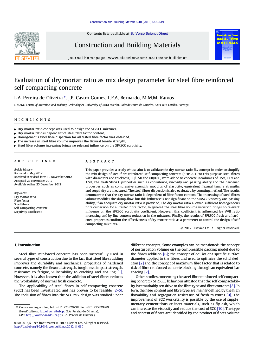 Evaluation of dry mortar ratio as mix design parameter for steel fibre reinforced self compacting concrete