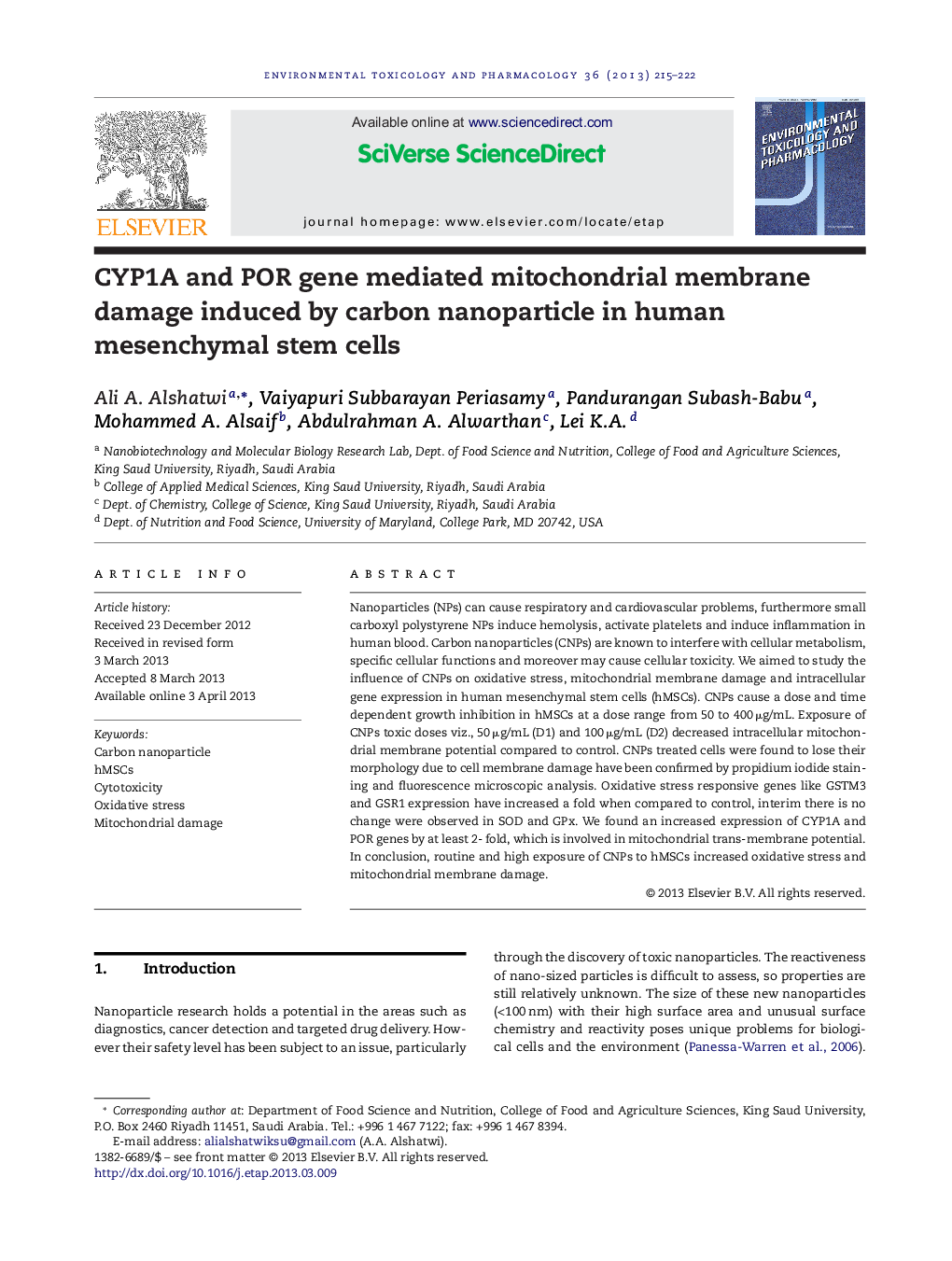 CYP1A and POR gene mediated mitochondrial membrane damage induced by carbon nanoparticle in human mesenchymal stem cells