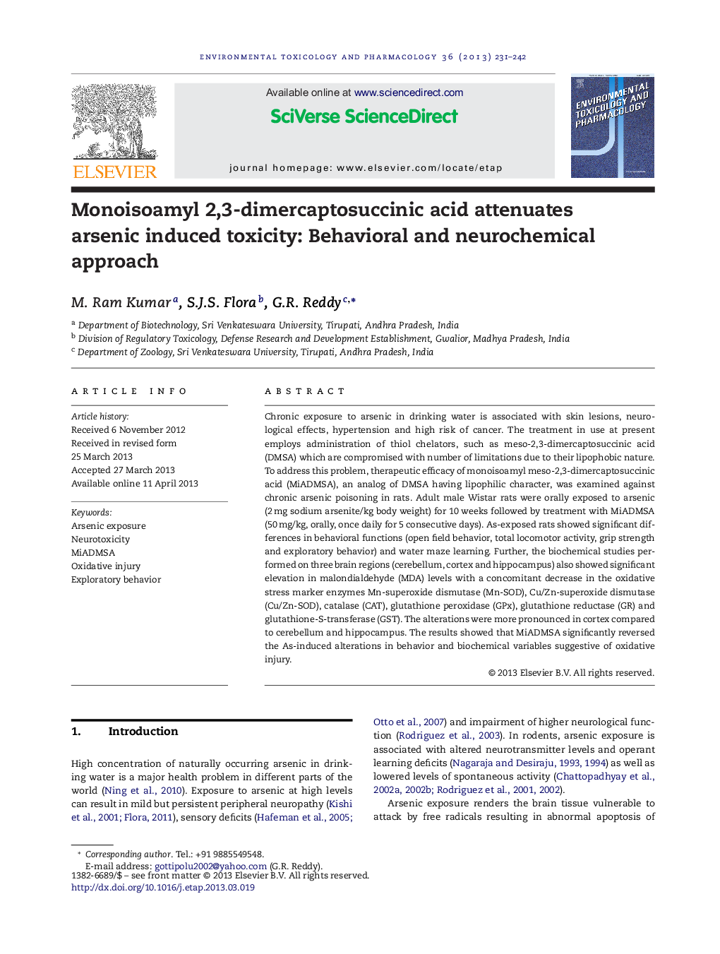 Monoisoamyl 2,3-dimercaptosuccinic acid attenuates arsenic induced toxicity: Behavioral and neurochemical approach