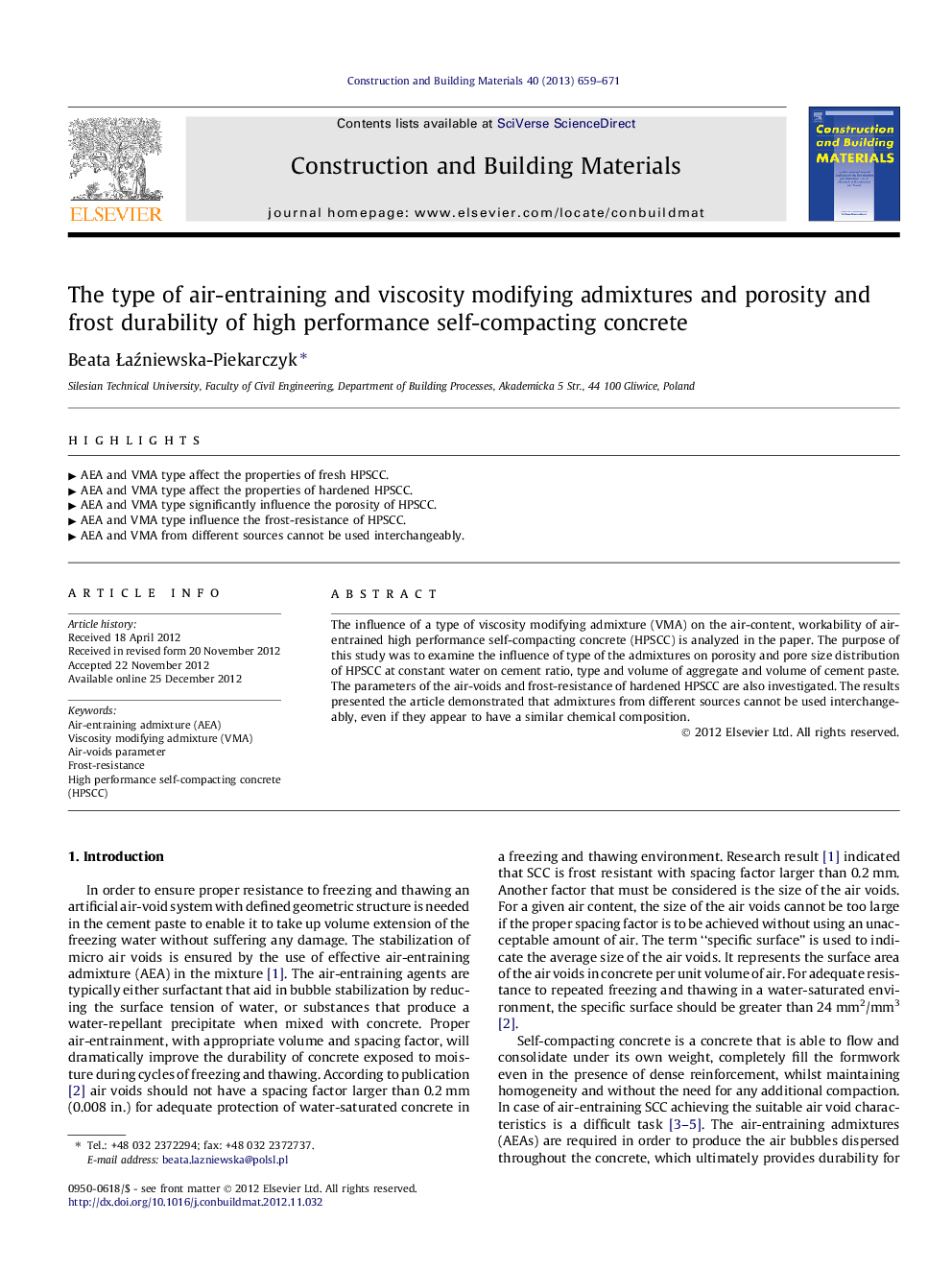 The type of air-entraining and viscosity modifying admixtures and porosity and frost durability of high performance self-compacting concrete