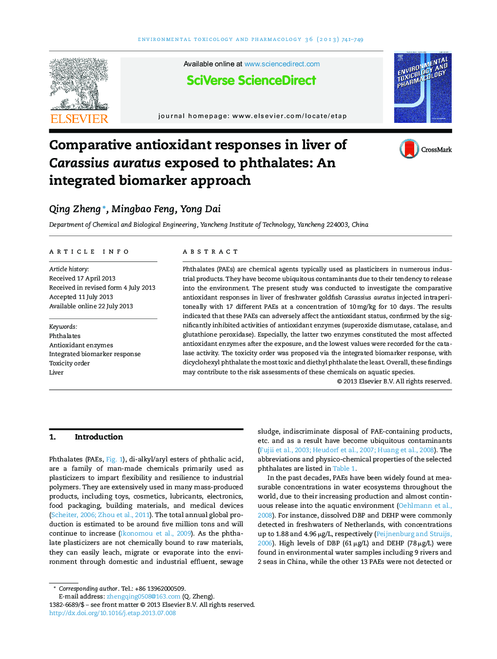 Comparative antioxidant responses in liver of Carassius auratus exposed to phthalates: An integrated biomarker approach