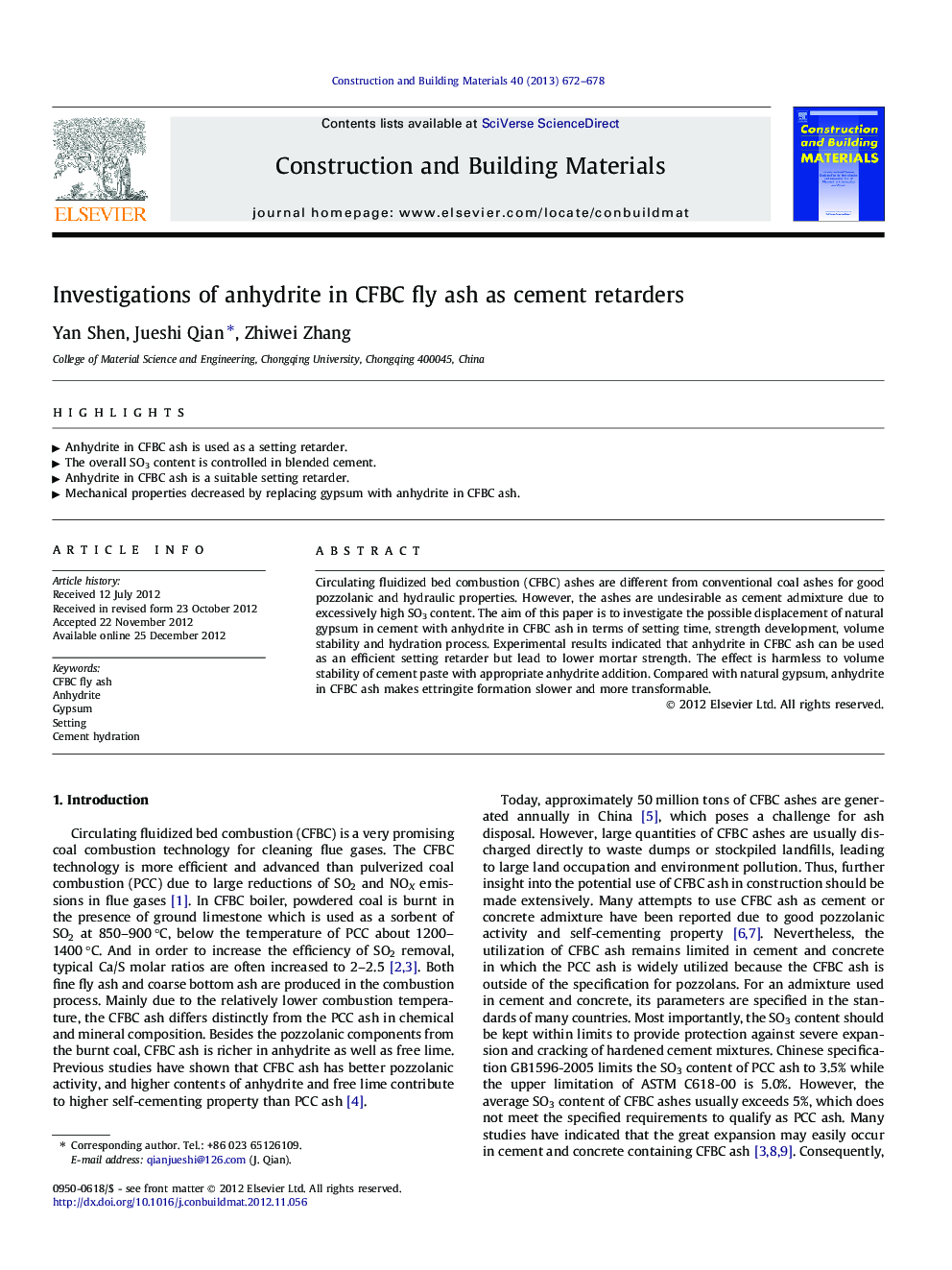 Investigations of anhydrite in CFBC fly ash as cement retarders