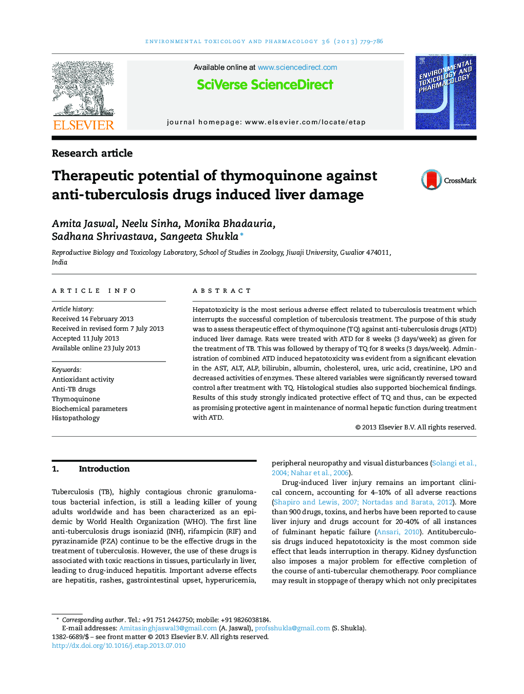 Therapeutic potential of thymoquinone against anti-tuberculosis drugs induced liver damage