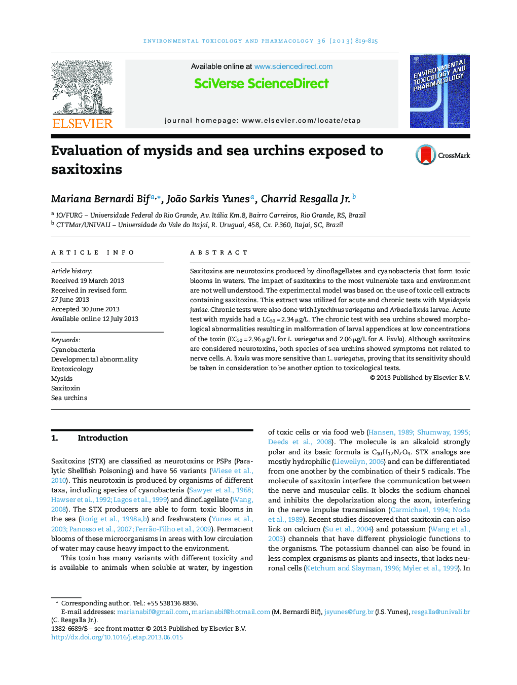 Evaluation of mysids and sea urchins exposed to saxitoxins