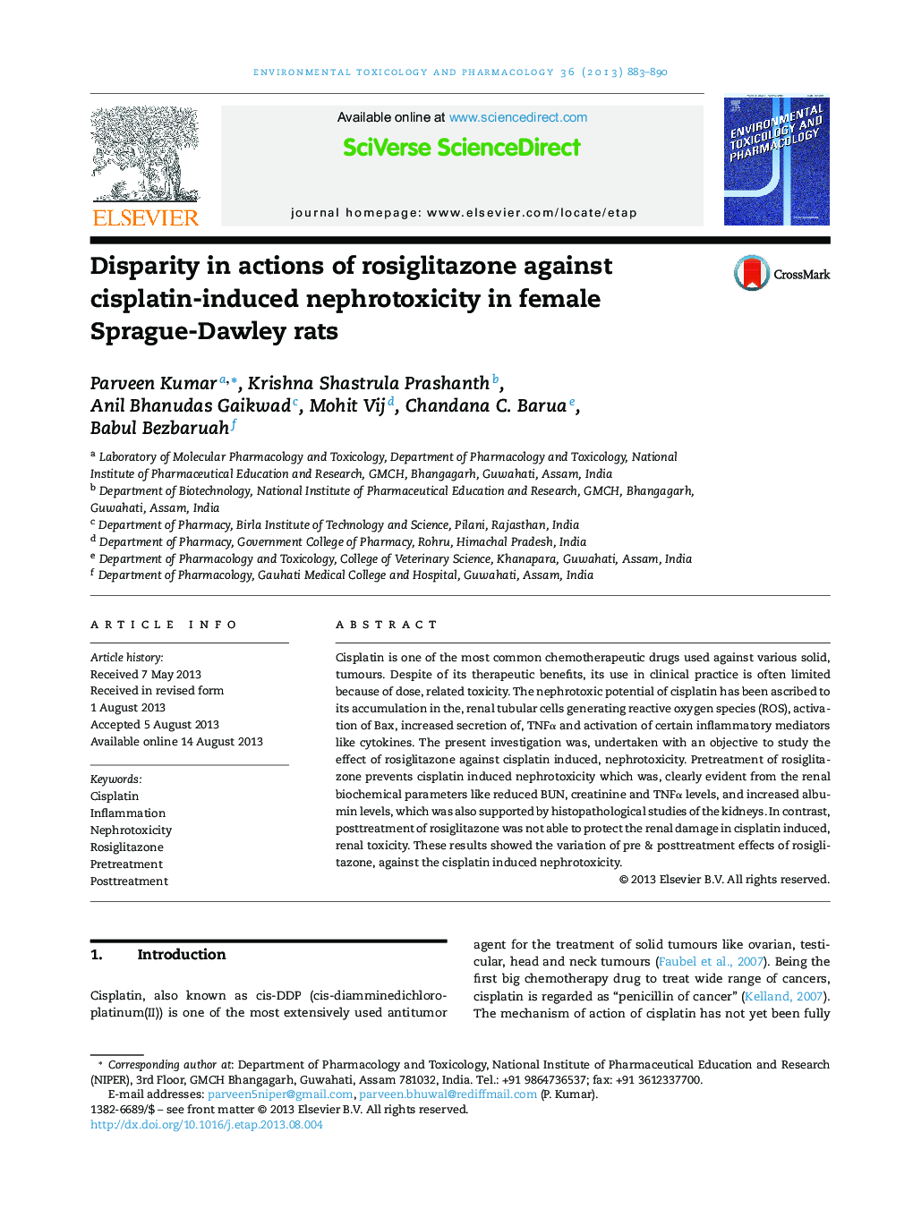 Disparity in actions of rosiglitazone against cisplatin-induced nephrotoxicity in female Sprague-Dawley rats