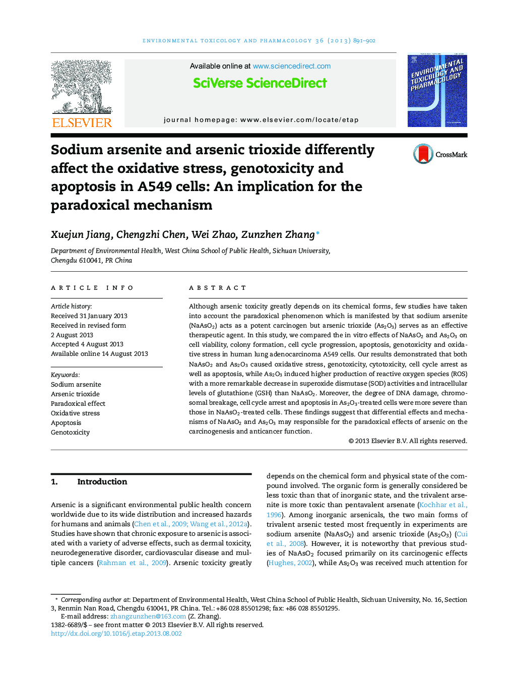 Sodium arsenite and arsenic trioxide differently affect the oxidative stress, genotoxicity and apoptosis in A549 cells: An implication for the paradoxical mechanism