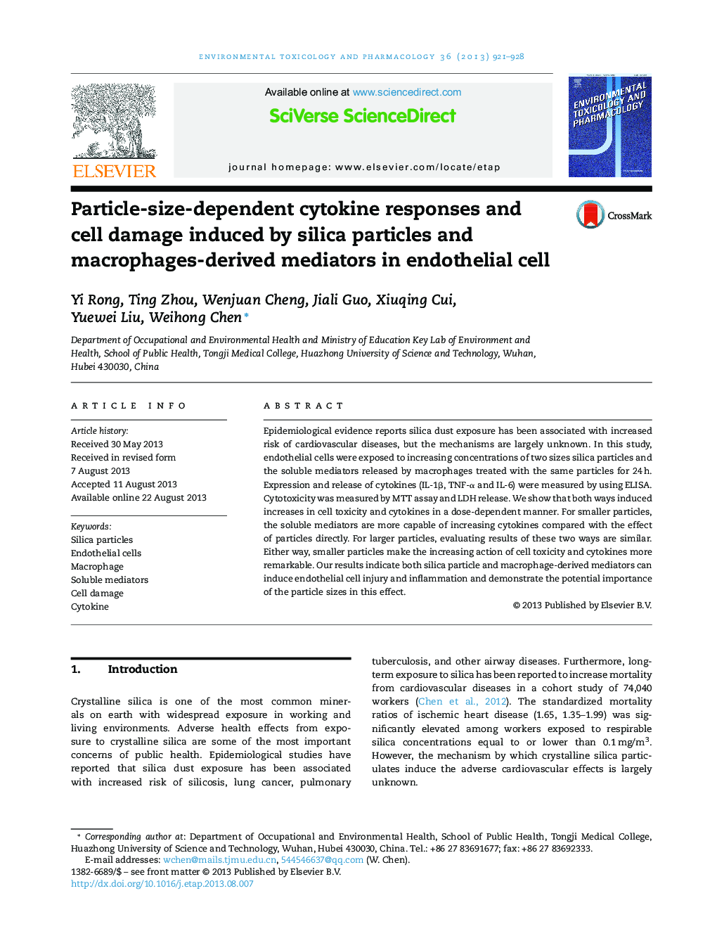 Particle-size-dependent cytokine responses and cell damage induced by silica particles and macrophages-derived mediators in endothelial cell