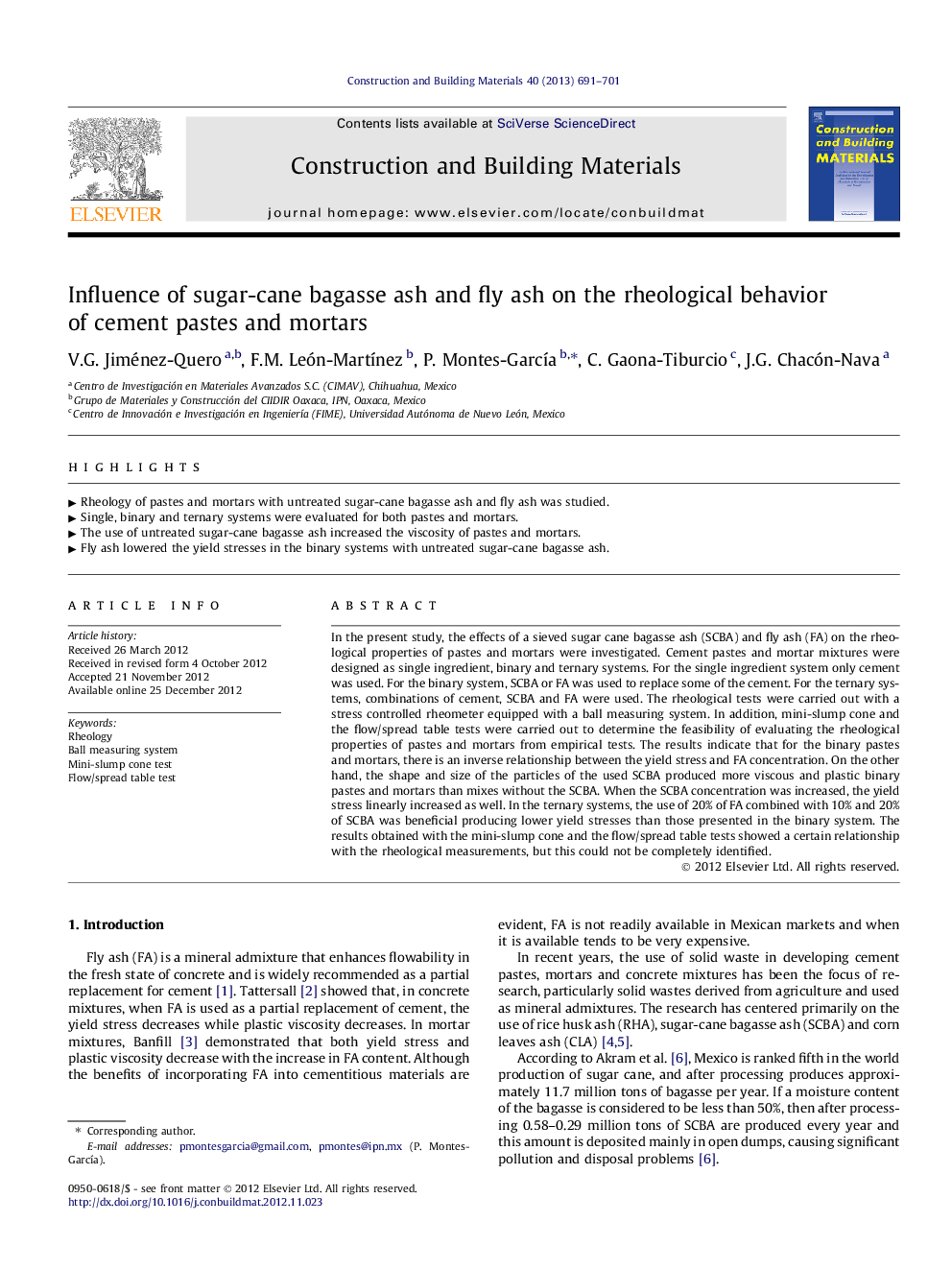 عکس صفحه اول مقاله: Influence of sugar-cane bagasse ash and fly ash on the rheological behavior of cement pastes and mortars Influence of sugar-cane bagasse ash and fly ash on the rheological behavior of cement pastes and mortars