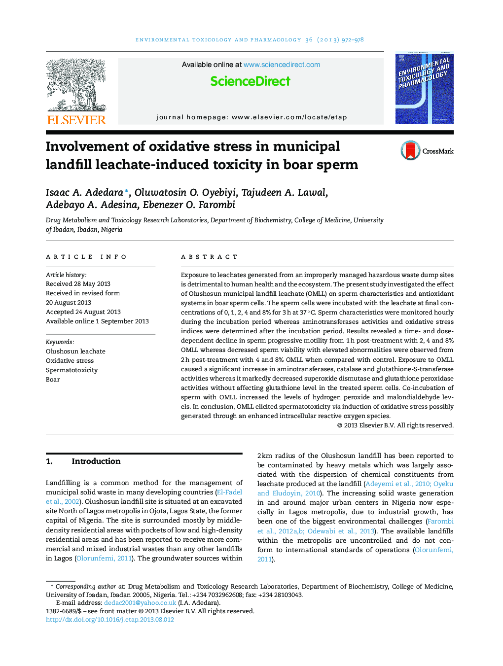 Involvement of oxidative stress in municipal landfill leachate-induced toxicity in boar sperm