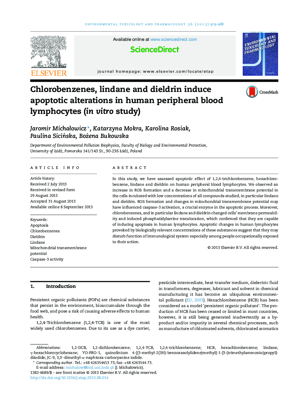 Chlorobenzenes, lindane and dieldrin induce apoptotic alterations in human peripheral blood lymphocytes (in vitro study)