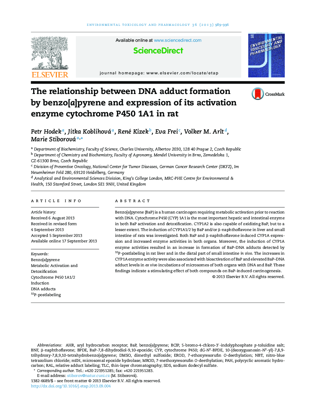 The relationship between DNA adduct formation by benzo[a]pyrene and expression of its activation enzyme cytochrome P450 1A1 in rat