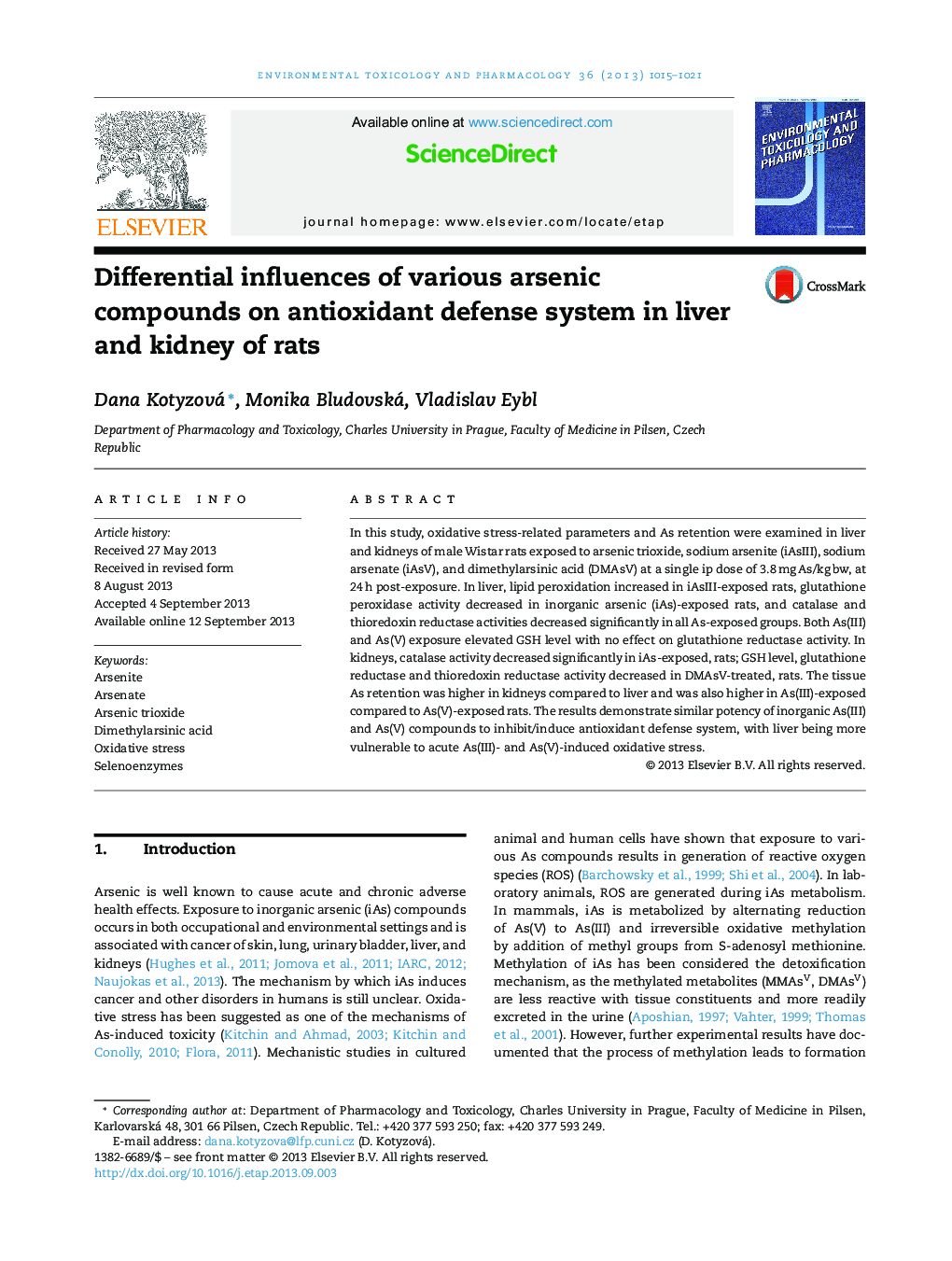 Differential influences of various arsenic compounds on antioxidant defense system in liver and kidney of rats