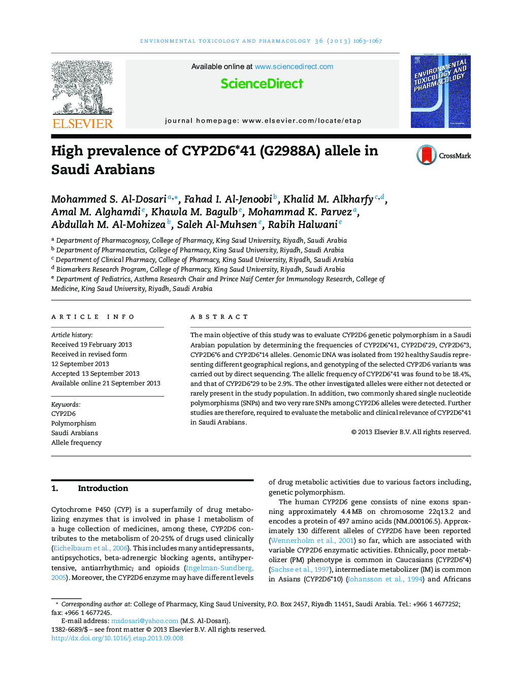 High prevalence of CYP2D6*41 (G2988A) allele in Saudi Arabians