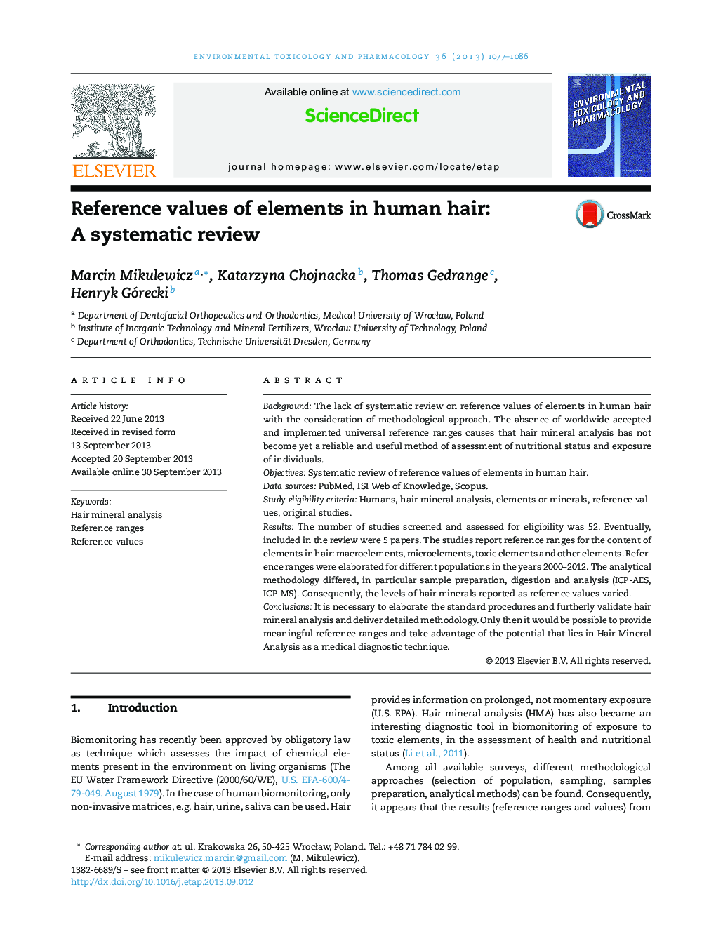 Reference values of elements in human hair: A systematic review