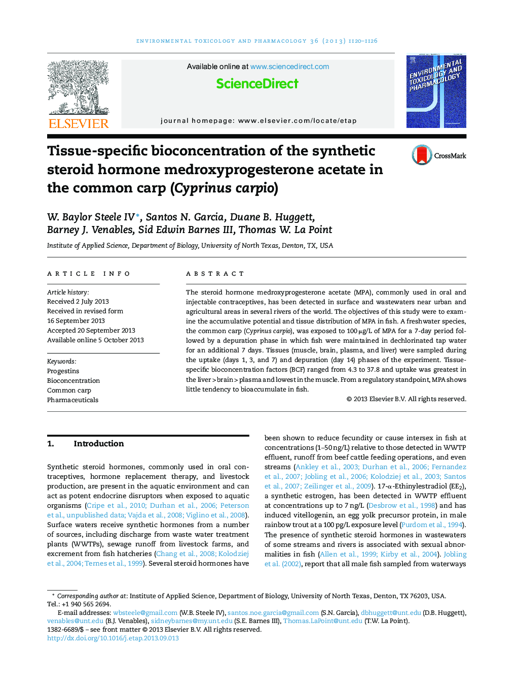 Tissue-specific bioconcentration of the synthetic steroid hormone medroxyprogesterone acetate in the common carp (Cyprinus carpio)