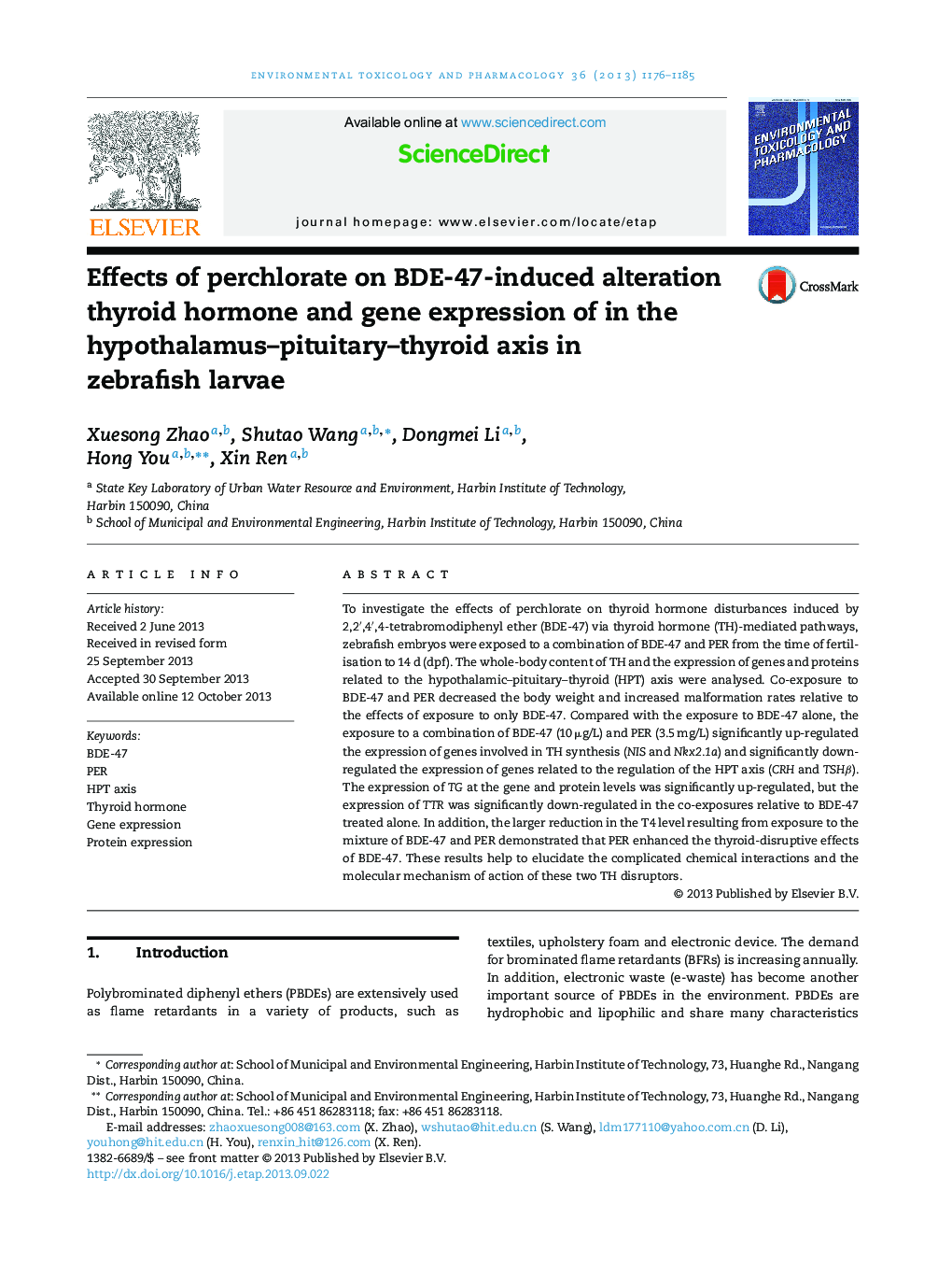 Effects of perchlorate on BDE-47-induced alteration thyroid hormone and gene expression of in the hypothalamus–pituitary–thyroid axis in zebrafish larvae