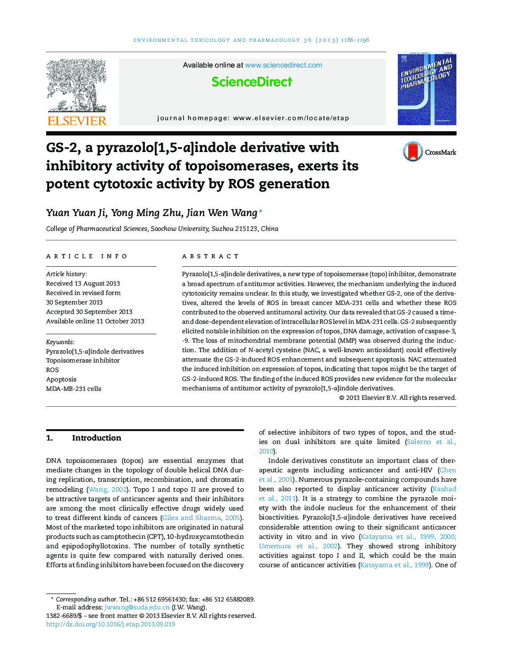 GS-2, a pyrazolo[1,5-a]indole derivative with inhibitory activity of topoisomerases, exerts its potent cytotoxic activity by ROS generation