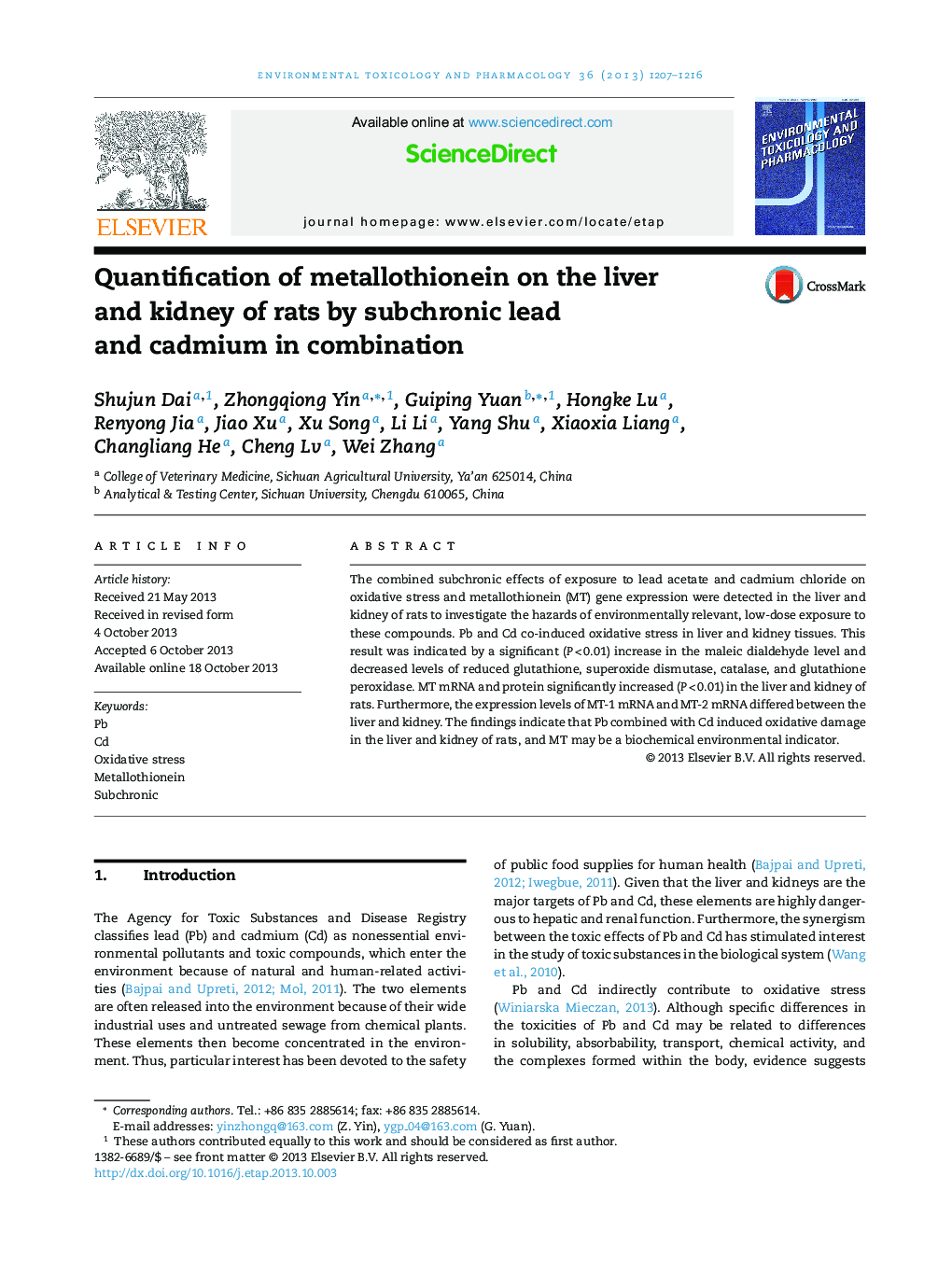 Quantification of metallothionein on the liver and kidney of rats by subchronic lead and cadmium in combination