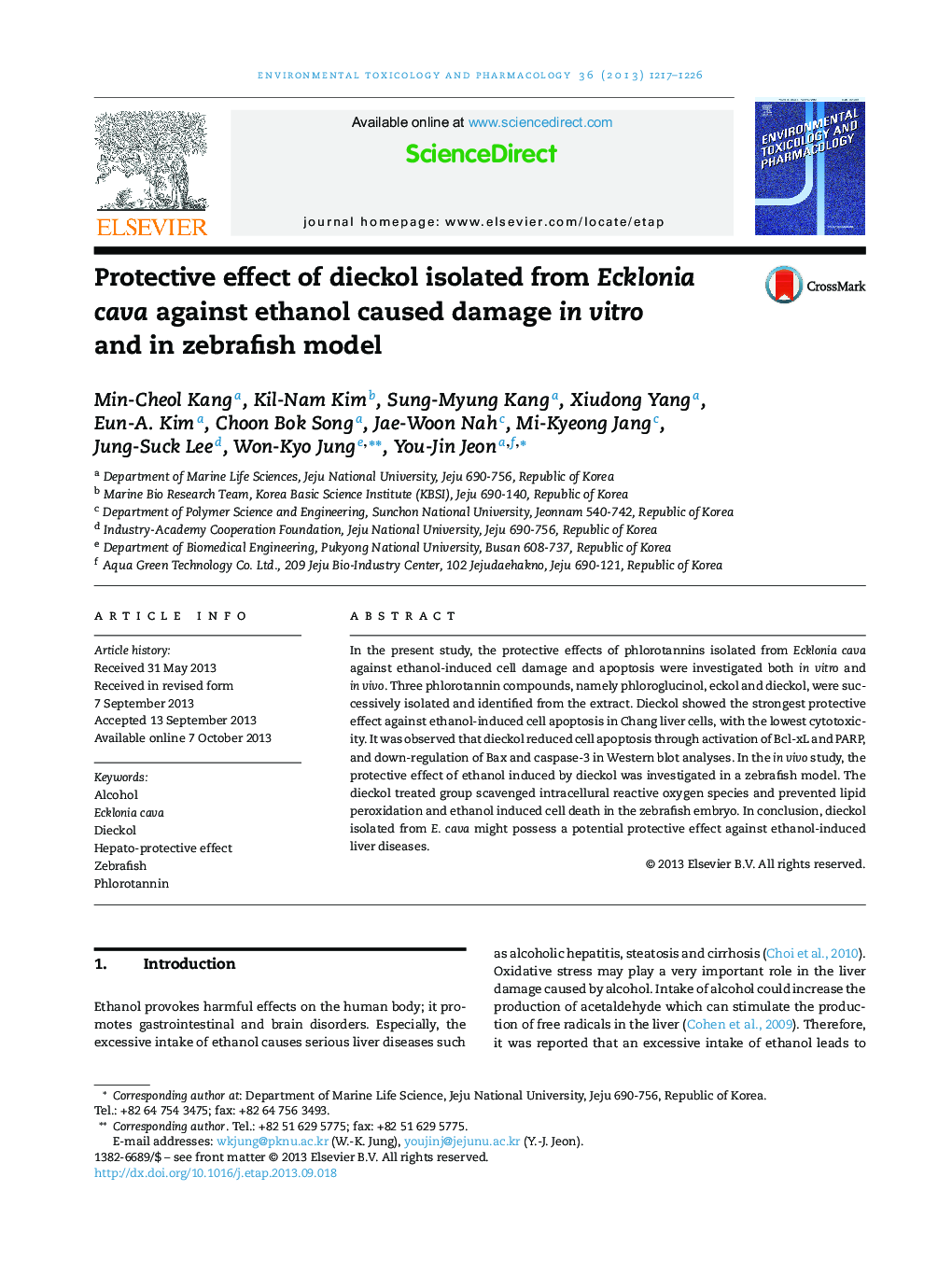 Protective effect of dieckol isolated from Ecklonia cava against ethanol caused damage in vitro and in zebrafish model