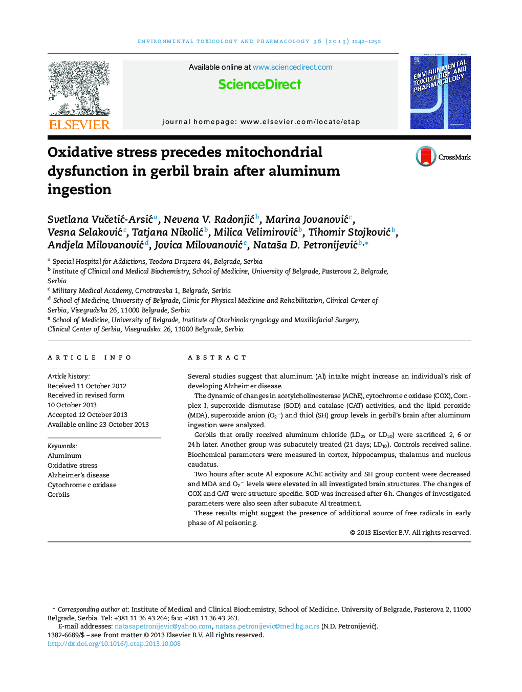 Oxidative stress precedes mitochondrial dysfunction in gerbil brain after aluminum ingestion