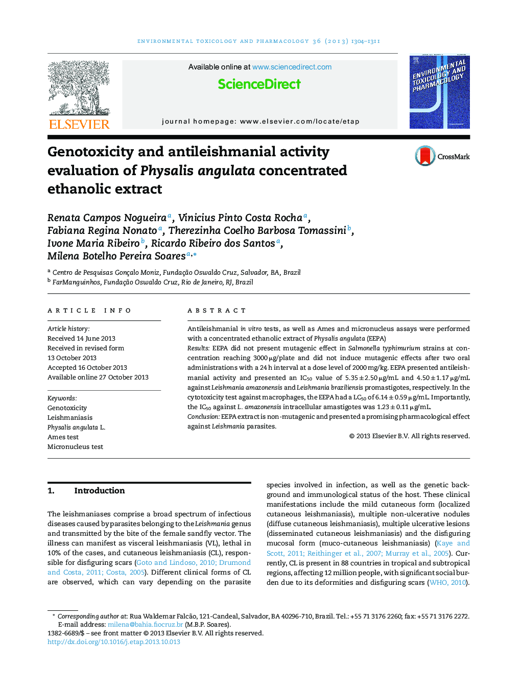 Genotoxicity and antileishmanial activity evaluation of Physalis angulata concentrated ethanolic extract