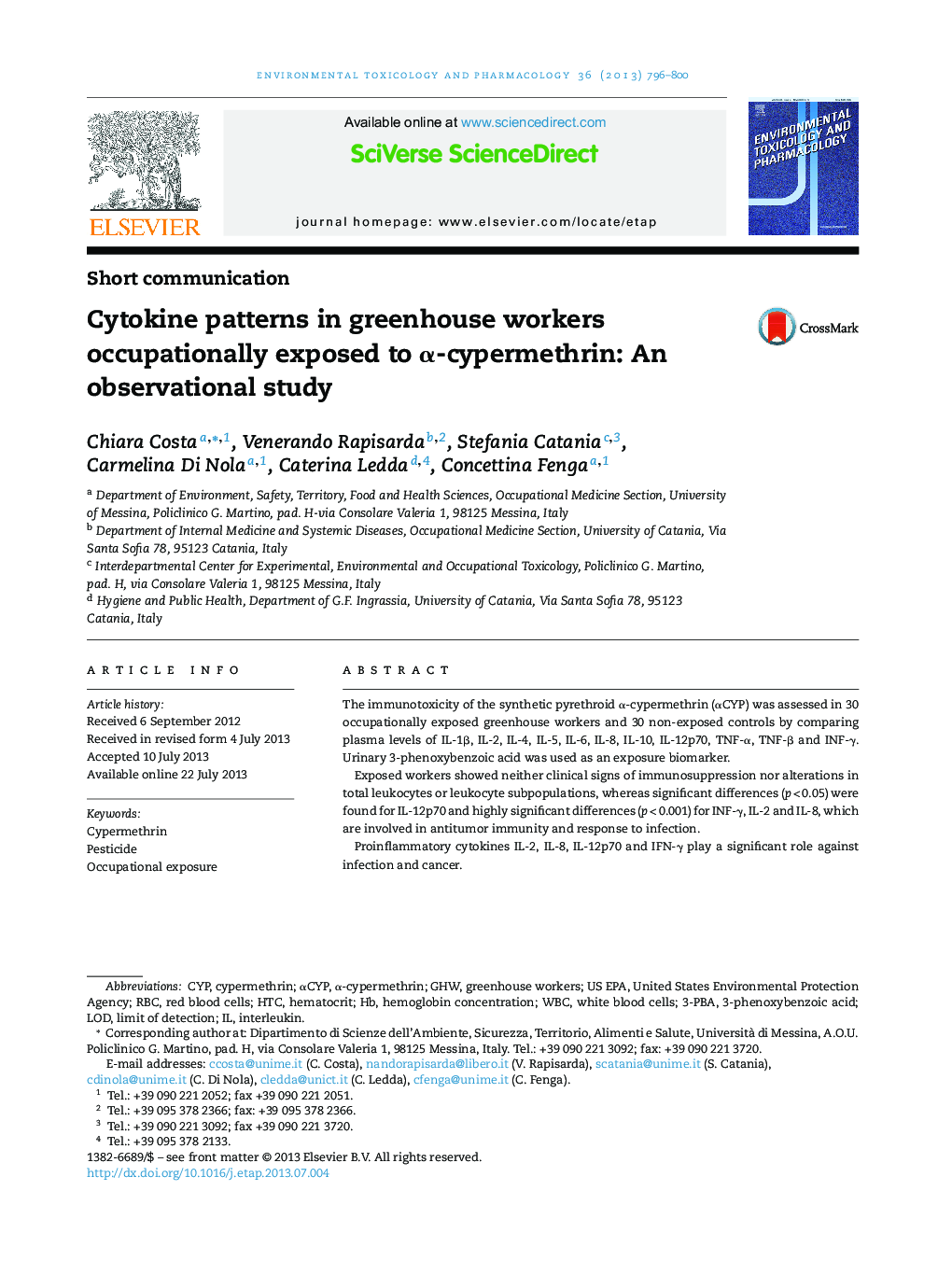 Cytokine patterns in greenhouse workers occupationally exposed to α-cypermethrin: An observational study