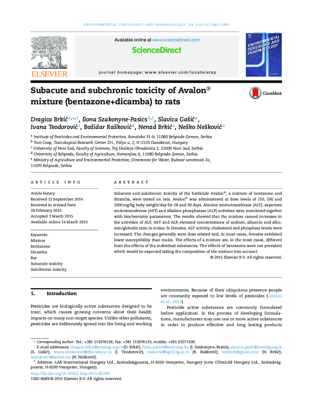 Subacute and subchronic toxicity of Avalon® mixture (bentazone+dicamba) to rats