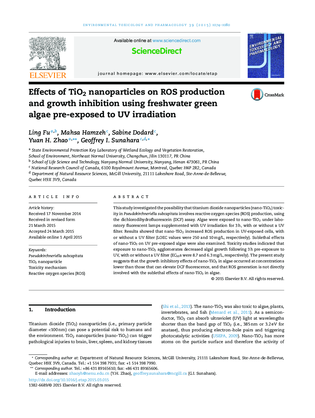 Effects of TiO2 nanoparticles on ROS production and growth inhibition using freshwater green algae pre-exposed to UV irradiation