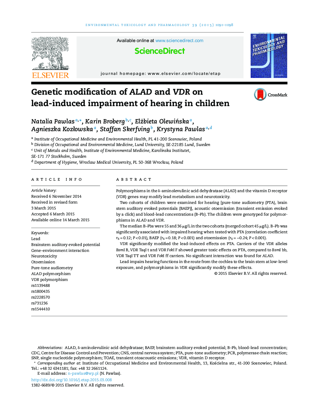 Genetic modification of ALAD and VDR on lead-induced impairment of hearing in children