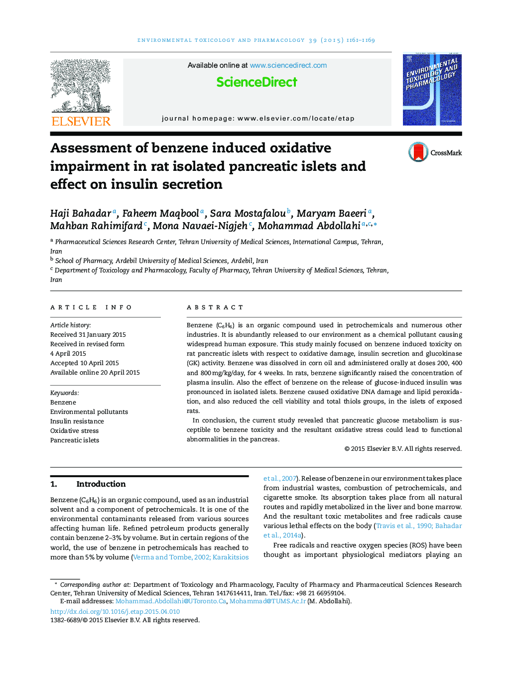 ارزیابی اختلالات اکسیداتیو ناشی از بنزن در جزایر پانکراس جدا شده از موش و تأثیر آن بر ترشح انسولین 