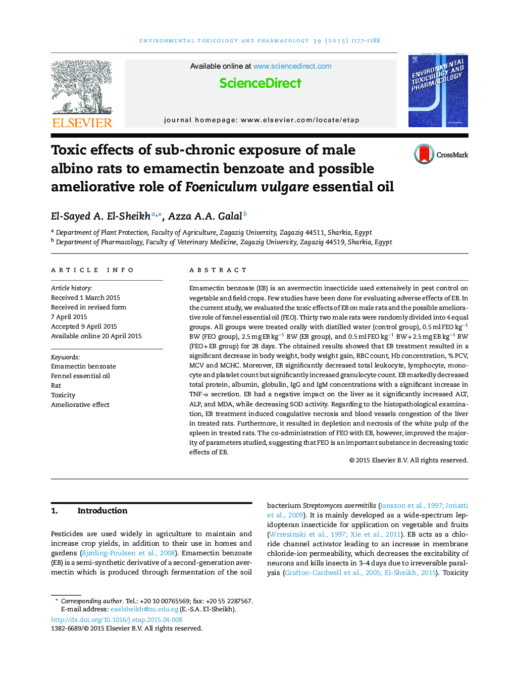 Toxic effects of sub-chronic exposure of male albino rats to emamectin benzoate and possible ameliorative role of Foeniculum vulgare essential oil