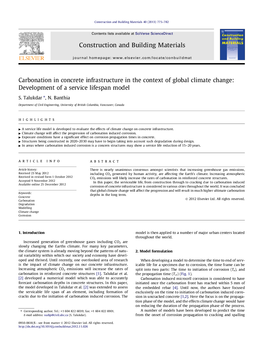 Carbonation in concrete infrastructure in the context of global climate change: Development of a service lifespan model