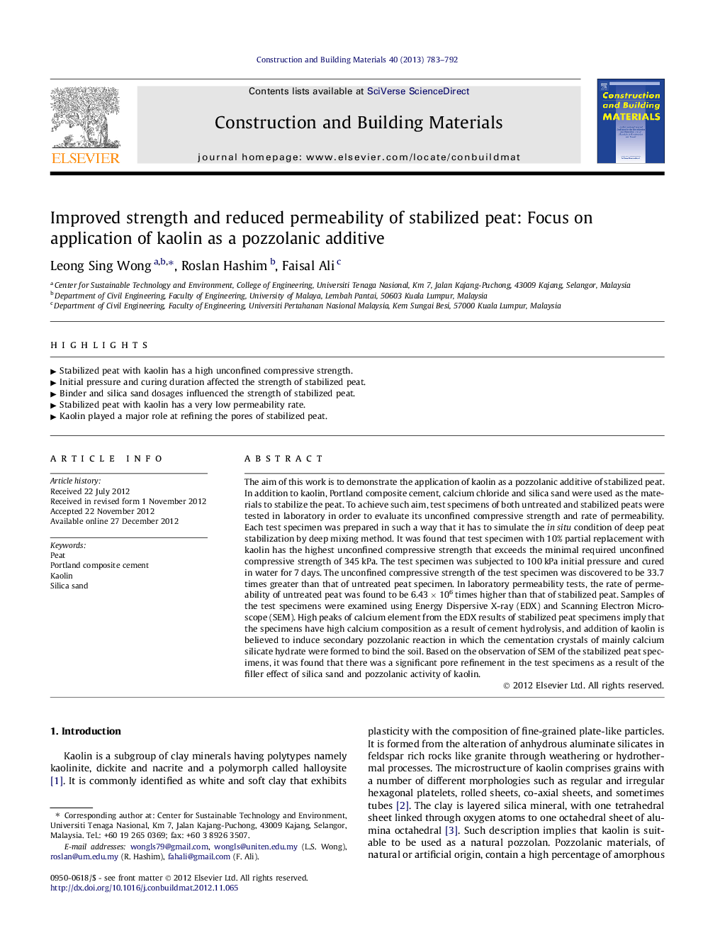 Improved strength and reduced permeability of stabilized peat: Focus on application of kaolin as a pozzolanic additive