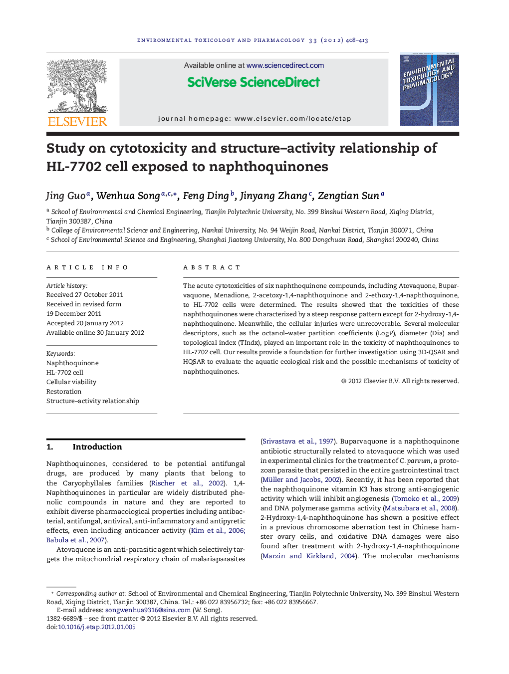 Study on cytotoxicity and structure–activity relationship of HL-7702 cell exposed to naphthoquinones