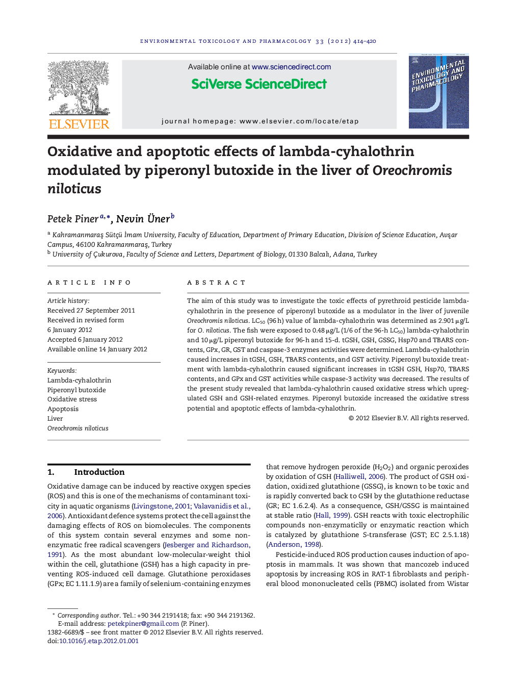 Oxidative and apoptotic effects of lambda-cyhalothrin modulated by piperonyl butoxide in the liver of Oreochromis niloticus